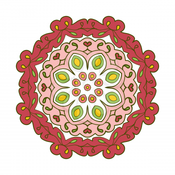 Floral lace motifs. Mandala. Zentangl relaxation. Hand drawn background. Ethnic, national image. Pink and green tones
