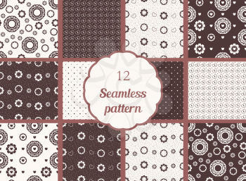 Flowers, hearts, circles. Set of seamless patterns in chocolate tones. The patterns for textiles, scrapbooking and other creative