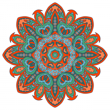Mandala doodle drawing. Colorful floral round ornament. Ethnic motives. Zentangl Hearts. Green and orange tones
