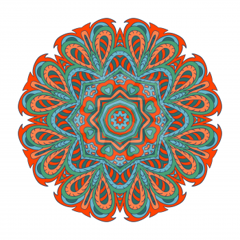 Mandala doodle drawing. Colorful floral round ornament. Ethnic motives. Zentangl Hearts. Green, blue. Meditation