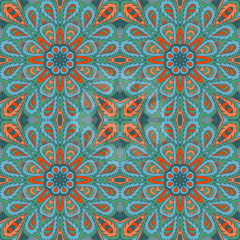 Mandala doodle drawing. Colorful floral seamless ornament. Ethnic Arabic motifs. Zentangle. Green, blue, bright orange color