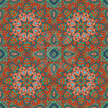 Mandala doodle drawing. Colorful floral seamless ornament. Ethnic solar Arabic motifs. Zentangle. Green, blue, bright orange color. Vector