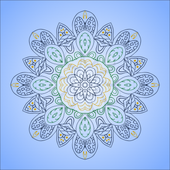Mandala doodle drawing. Colorful round ornament. Ethnic motives. Snowflake green, orange and blue