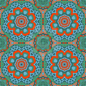 Mandala doodle drawing. Colorful seanless ornament. Ethnic motives. Zentangl Hearts. Green, blue color