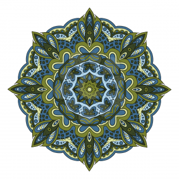 Mandala. Doodle drawing. Round ornament. Olive, green, and blue colors