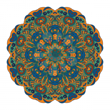 Mandala Eastern pattern. Zentangl round ornament. Orange, blue and green colors