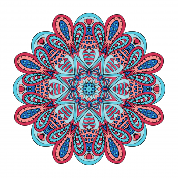 Mandala flower. Doodle drawing. Round ornament. Red and blue colors