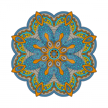 Mandala flower zentangl. Doodle drawing. Round ornament. Blue and mustard color