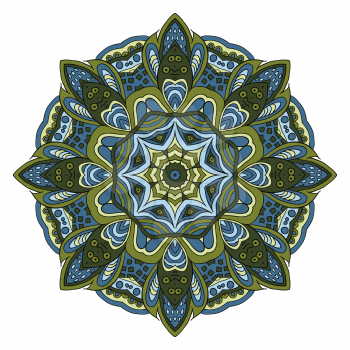 Mandala zentangl. Doodle drawing. Round ornament. Olive, green, and blue colors