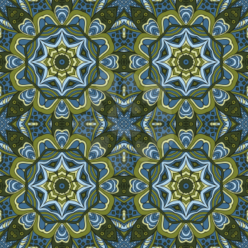 Seamless ornament. Colorful background. Ethnic motives. Zentagl. Green and blue tones