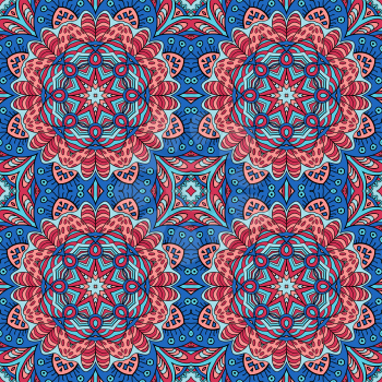 Seamless pattern doodle ornament. Colorful background. Ethnic motives. Zentangl. Red and blue