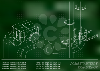 Construction drawings. 3D metal construction. Pipes, piping. Cover, White and green background for inscriptions. Points