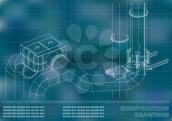 Construction drawings. 3D metal construction. Pipes, piping. White and blue background for inscriptions