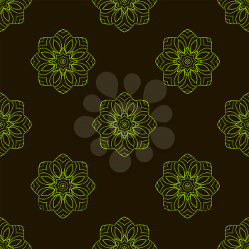Doodle seamless image. Mandala, circular patterns. Green on black. Hand drawing