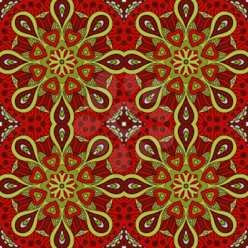 Mandala doodle drawing. Colorful seamless ornament. Ethnic motives. Red and green. Solar Power