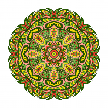 Mandala Eastern pattern. Zentangl round ornament. Green and yellow tones
