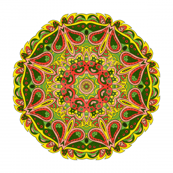 Mandala Eastern pattern. Zentangl round ornament. Yellow, rose and green colors