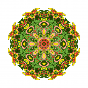Mandala Eastern pattern. Zentangl round ornament. Yellow, rose, green tones