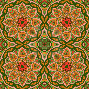 Mandala Eastern pattern. Zentangl seamless ornament. Green and orange colors