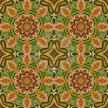 Mandala Eastern pattern. Zentangl seamless ornament. Green and orange tones