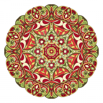 Mandala. Zentangl. Round ornament for creativity. Oriental motifs. Relax, meditation. Flower. Red and green tone