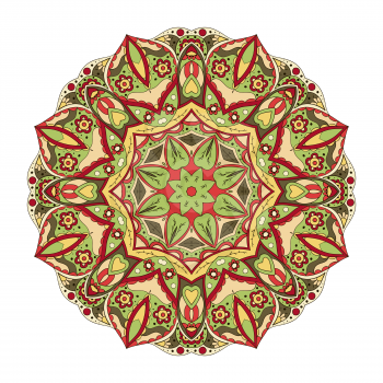 Mandala. Zentangl. Round ornament for creativity. Oriental motifs. Relax, meditation. Flower. Red, yellow and green colors
