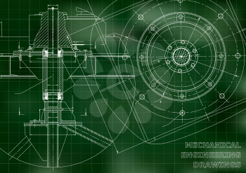 Mechanical engineering drawings. Vector green background. Grid