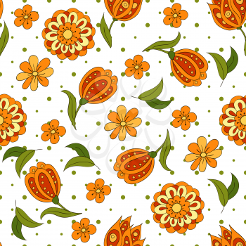 Seamless pattern with spring flowers. Cover, background. Orange and green colors. Spots