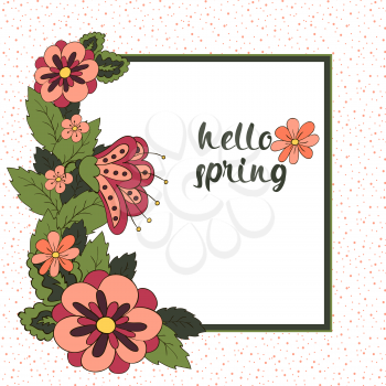 Spring postcard, cover, bright background for inscriptions. Hello Spring. Pattern in green, red, cream tones