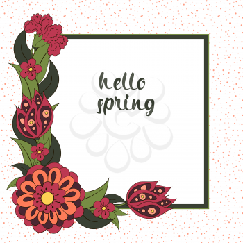 Spring postcard, cover, bright background for inscriptions. Hello Spring. Tulips. Pattern in green, red, cream tones