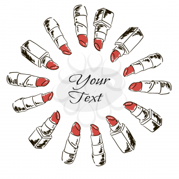 Banner, cover. Doodle image. Hand drawing. Different lipstick. Round frame of lipsticks. Place for your text