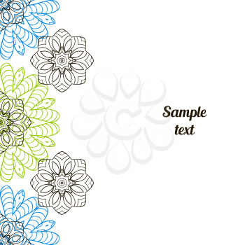 Doodle image. Mandala, circular patterns. black, blue and green on White. Hand drawing for text
