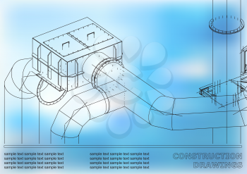 Drawings of steel structures. Pipes. 3d blueprint of steel structures. Cover, blue background for your design