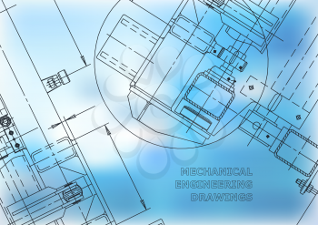 Mechanical Engineering drawing. Blueprints. Mechanics. Cover, blue background, banner