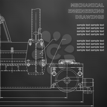 Mechanical engineering drawings on a black background. Vector. For inscriptions. Black