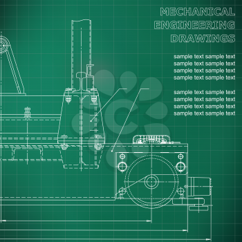 Mechanical engineering drawings on a black background. Vector. For inscriptions. Green. Grid line