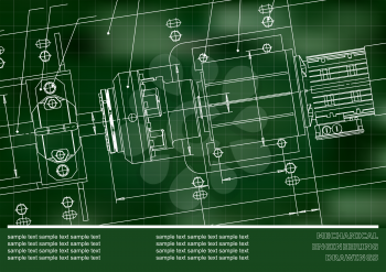 Mechanical engineering drawings on a green background. Vector. Grid. Cover, Background for inscription labels