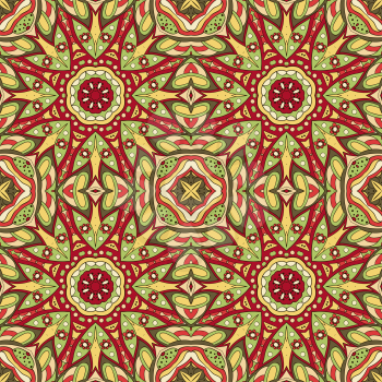 Seamless Mandala. Seamless oriental pattern. Doodle drawing. Hand drawing. Yoga, relaxation, floral motifs. Yellow, green and red colors