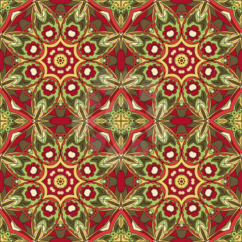 Seamless Mandala. Zentangl. Seamless ornament for creativity. Oriental motifs. Relax, meditation. Flower. Red and green
