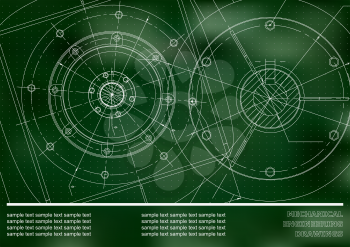 Vector Mechanical engineering drawings on a green background. Cover, Background for inscription labels. Corporate Identity. Points