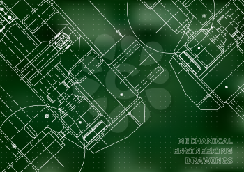 Mechanical Engineering drawing. Blueprints. Mechanics. Cover, background for your design. Green. Points