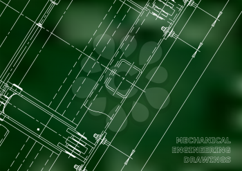 Mechanical Engineering drawing. Blueprints. Mechanics. Cover. Engineering design, construction. Green