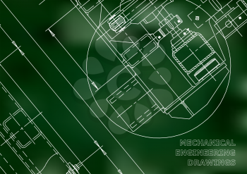 Mechanical Engineering drawing. Blueprints. Mechanics. Green