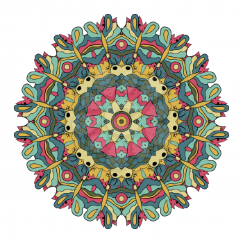 Oriental pattern. Traditional round ornament. Mandala. Doodle drawing. Blue, yellow and pink tone