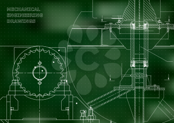Blueprints. Mechanical construction. Engineering illustrations. Technical Design. Banner. Green. Points
