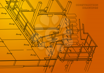 Building. Metal constructions. Volumetric constructions. 3D design. Abstract background. Orange