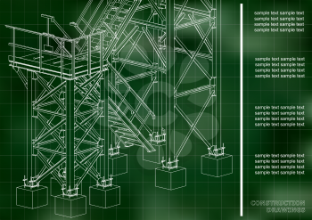 Building. Metal constructions. Volumetric constructions. 3D design. Abstract backgrounds. Cover, background, banner. Green background. Grid