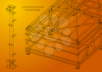 Building. Metal constructions. Volumetric constructions. 3D design. Abstract Cover, banner. Orange