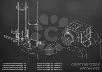 Construction drawings. 3D metal construction. Pipes, piping. Cover, background for text. Black. Points