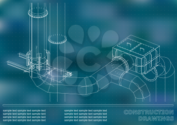 Construction drawings. 3D metal construction. Pipes, piping. Cover, background for text. Blue. Points